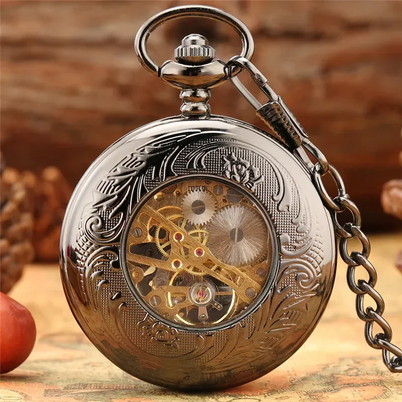 Vintage Style Hollow Rhombus Case Hand Winding Mechanical Pocket Watch for Men Women Skeleton Dial Fob Chain Antique Timepiece