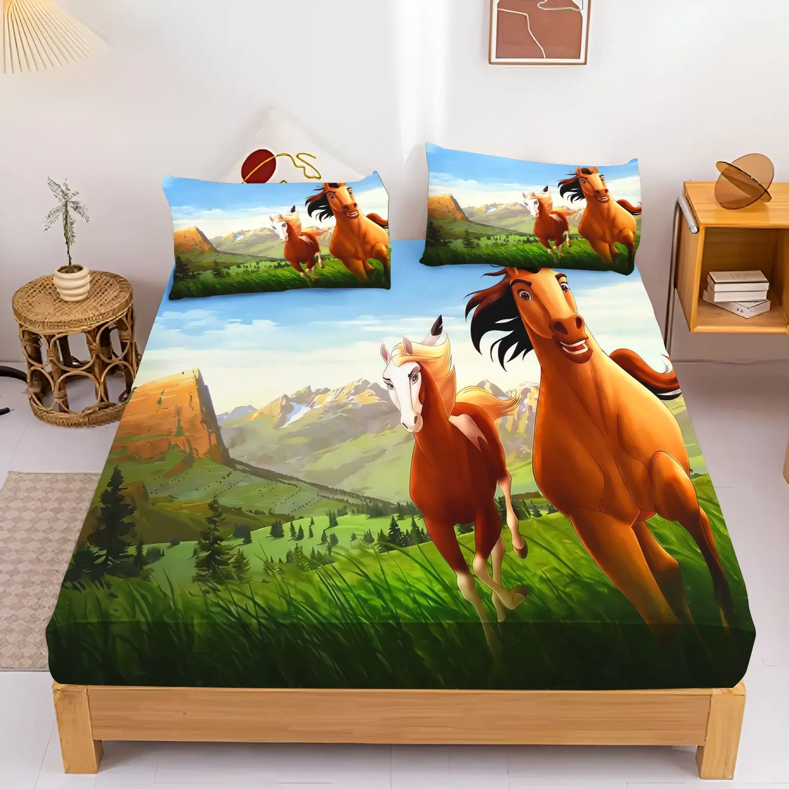 Spirit Stallion Of The Cimarron Fitted Sheet Set Bedding Set Cartoon Running Horses Bed Sheet With Pillowcases Bedroom Decor