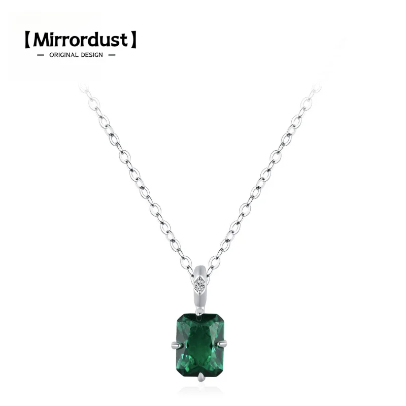 

【Mirrordust】S925 Silver Elegant Rectangular Emerald Zircon Pendant Necklace for Women Fashionable Light Sugar Collarbone Chain