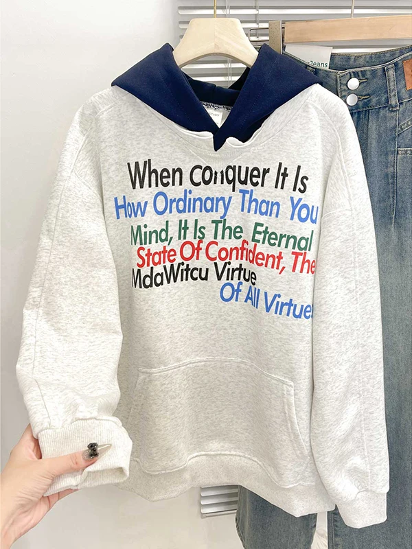 

Женская толстовка больших размеров с длинными рукавами и буквенным принтом, теплая, удобная, свободного кроя, осенне-зимняя, в уличном стиле, корейская версия, топ