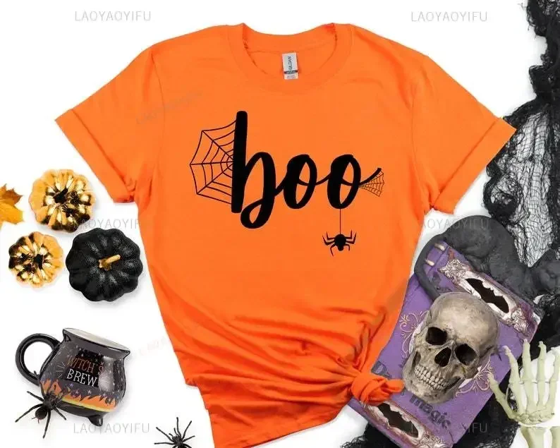 Boo Scary Funny Halloween Woman T-shirt Trick or Treat All Saints' Day Cartoon Cotton Graphic T Shirts Autumn Orange Loose Shirt