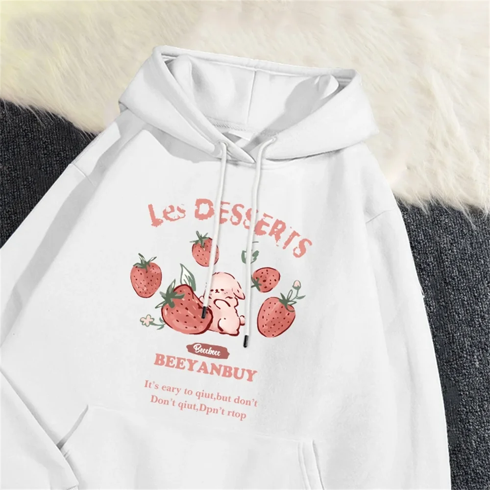 Fashion Women'S Hoodie Cute Strawberry And Rabbit Printed Sweatshirt Pocket Soft Warm Breathable Pullover Autumn Winter Hoody