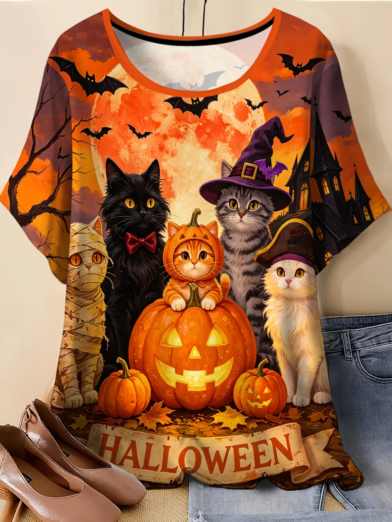 Women Halloween Cute Cats Pumpkin Lantern Print T‑Shirt Bat Castle Moon O‑Neck Short Sleeve Tops