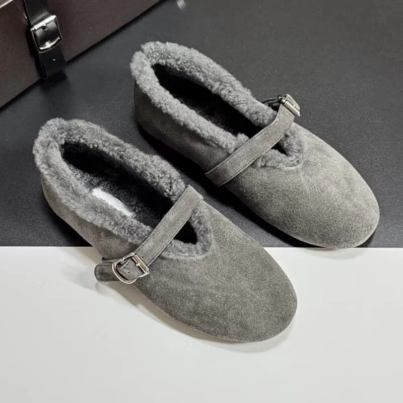 Real Leather Suede And Wool Lined Mary Jane Women's Shoes Autumn And Winter Round Toe Flat Bottom Warm warm wool integrated snow