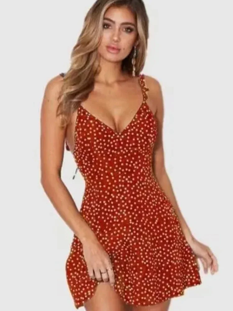 Seksowna sukienka mini w kropki z dekoltem w serek, damska letnia moda boho, cienkie ramiączka spaghetti, dopasowana sukienka w kształcie litery A, sukienka na plażę, imprezę, streetwear, damskie vestidos