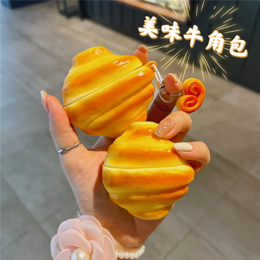 Huawei用ワイヤレスヘッドセット保護ケース,ペンダント付き3Dクロワッサンパンモデル,Freeclip 2,5,4,pro3