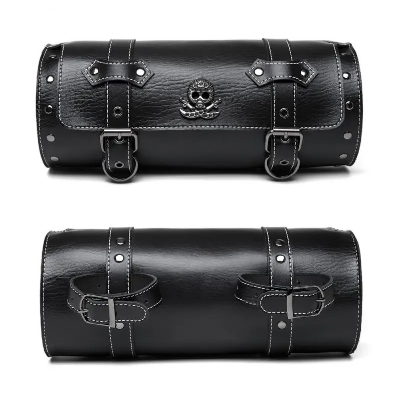 Unisex Retro Motorcycle Hanging Bag Pu Leather Outdoor Riding Waterproof Skull Decoration Tool Kit Steampunk Cos Accessory Black