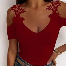 T-Shirts Sexy à Manches Courtes et Col en V pour Femme, Tunique en Dentelle Ajourée, Décontractée, Slim, Couleur Unie, Été