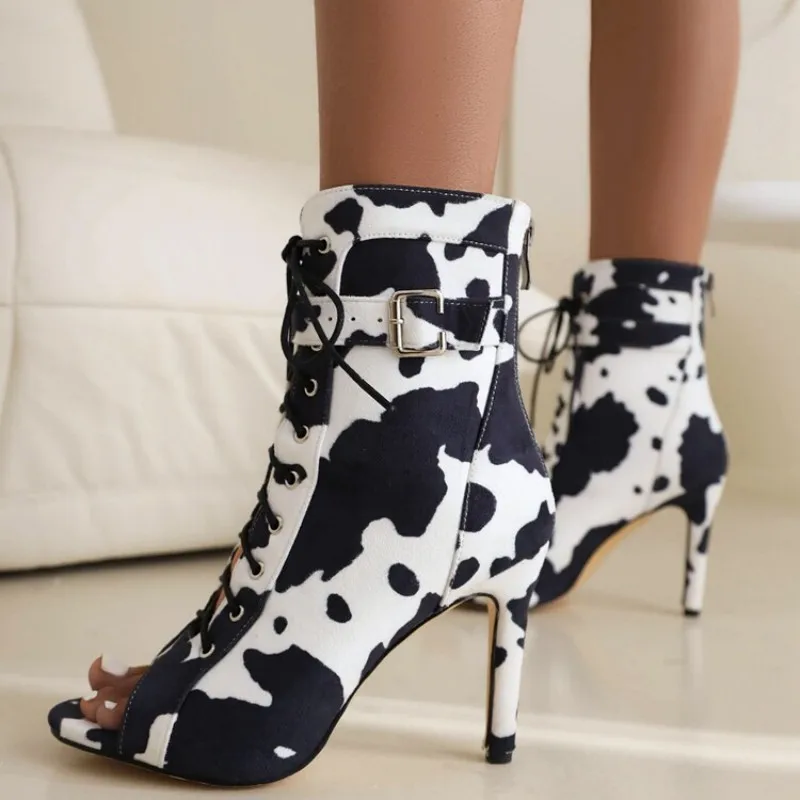 DIZHUANG shoes Fashionable women's high heels boots. About 10 cm heel height. Ankle boots Milk patterned women's boots.size34-46