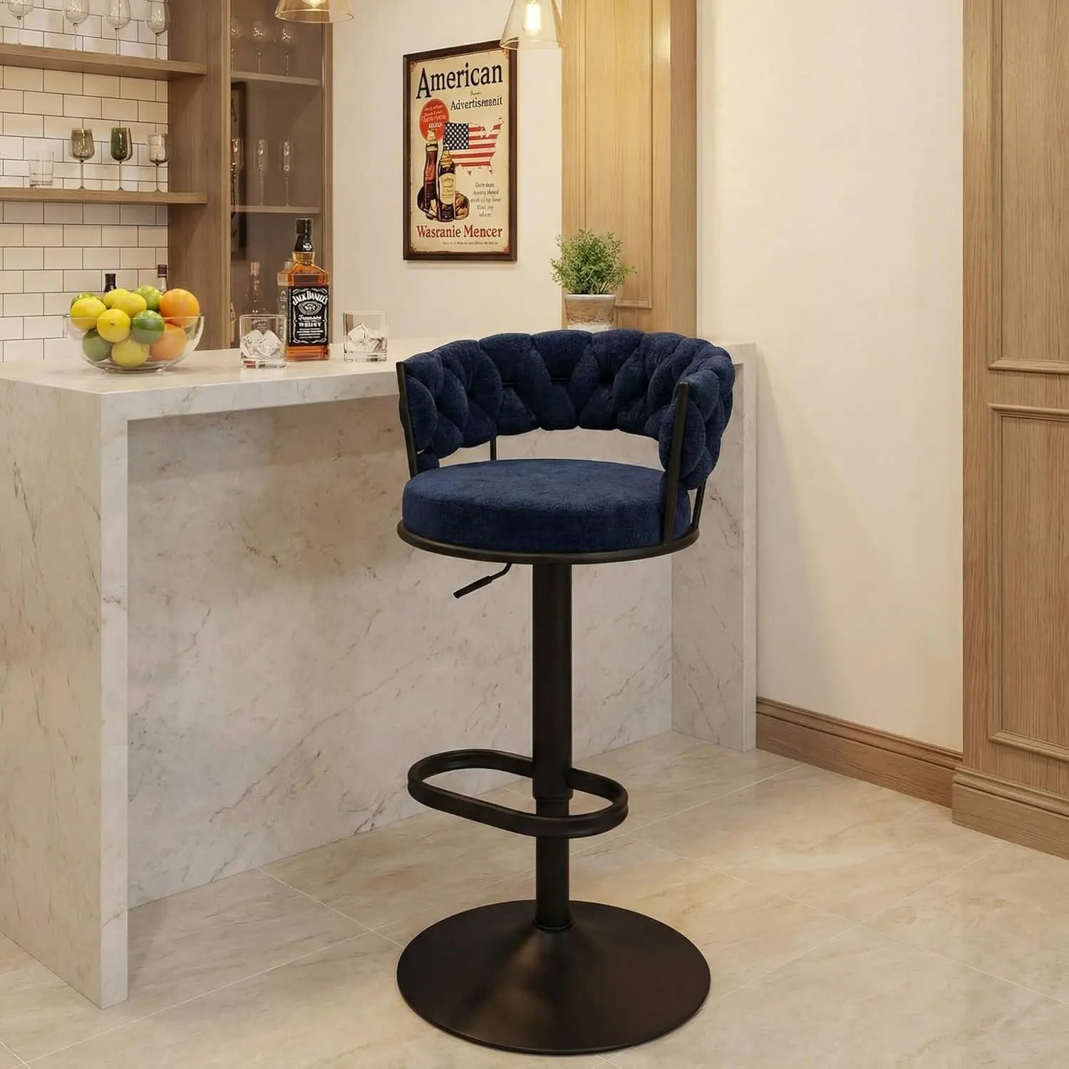 

Single Swivel Bar Stool, Adjustable Height Counter Stool with Woven Back, Metal Legs & Large Footrest, Chenille Upholstery fo