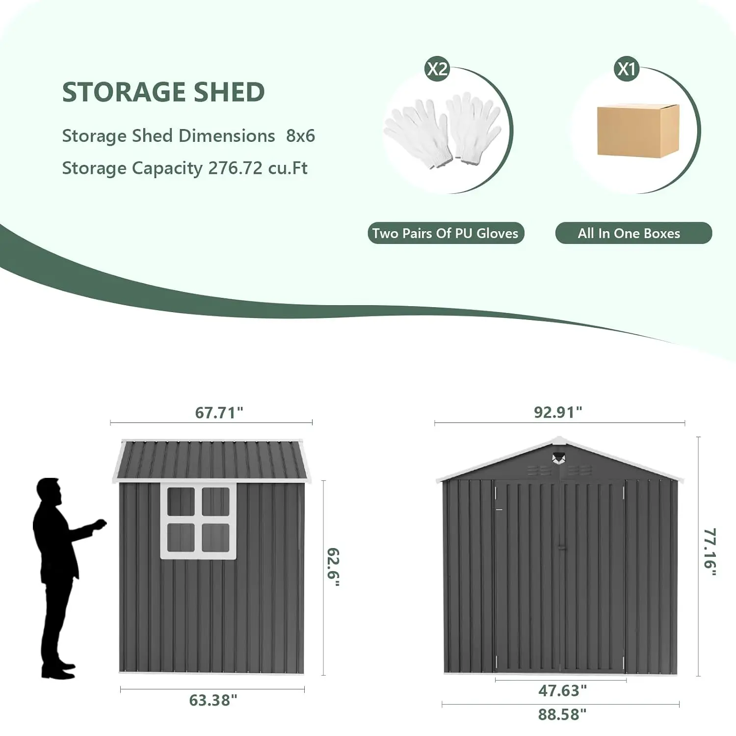 8x6FT Metal Storage Shed with Window Outdoor Garden Building Large Backyard Tool House, Customized