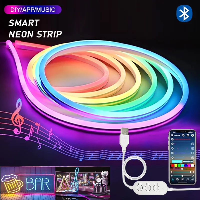 RGBIC Neon LED Strip Lights 5V Flexible LED Rope Light  APP with Music Sync DIY Dreamcolor Chasing Strip for Home Decor Lighting