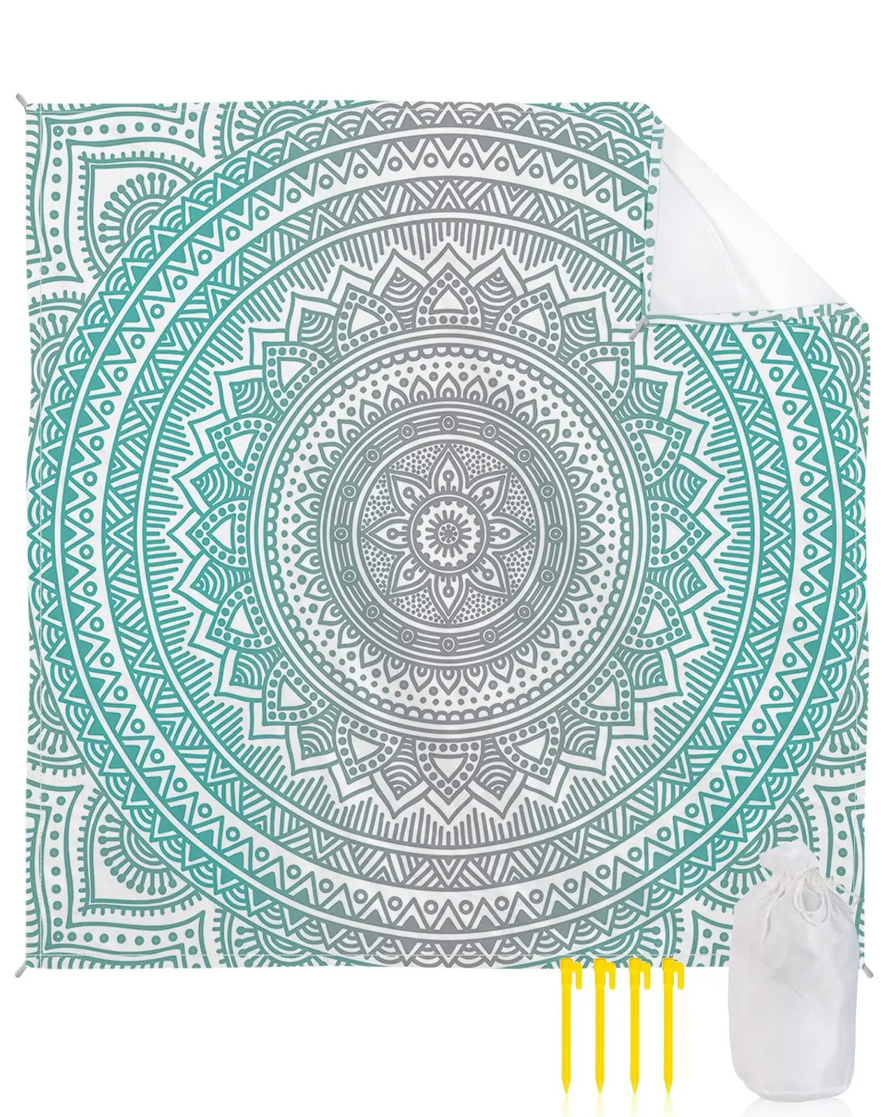 Teal Mandala Floral Ombre Beach Blanket,Beach Blanket Sandproof,Large Beach Mat for Adults,Outdoor Camping Blanket for Travel