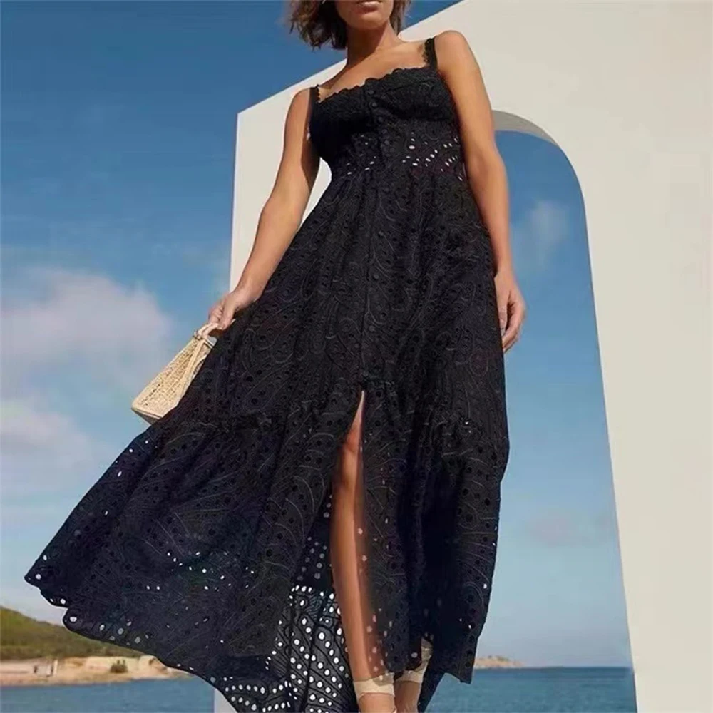 SXTHAENOO Australia Fashion Women's Sling Dress Hollow Out Slim Eveing Vacation Seaside Long Dresses Summer 2024 New