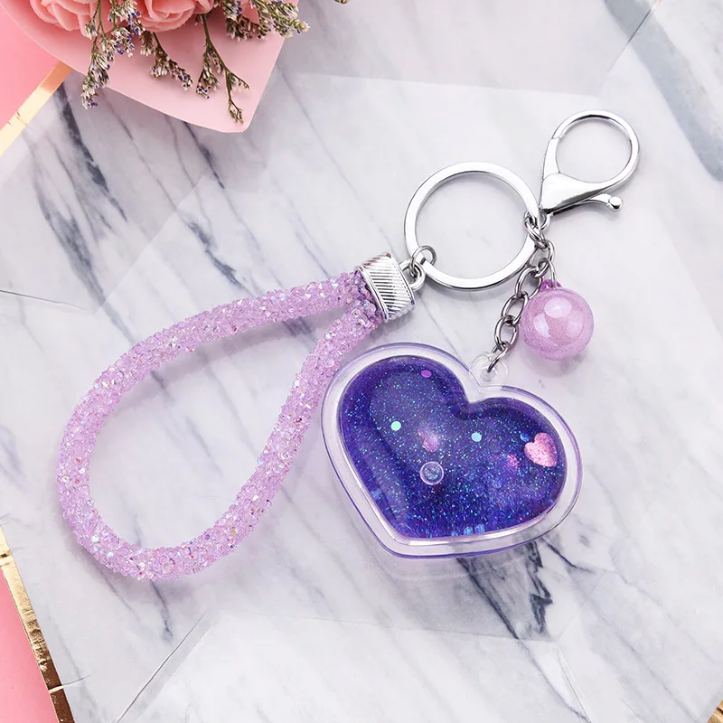 Cute Heart-Shaped Girl Floating Keychain with Acrylic Liquid Quicksand Design Bag & Car Pendant for Couples Lovers Gift Jewelry