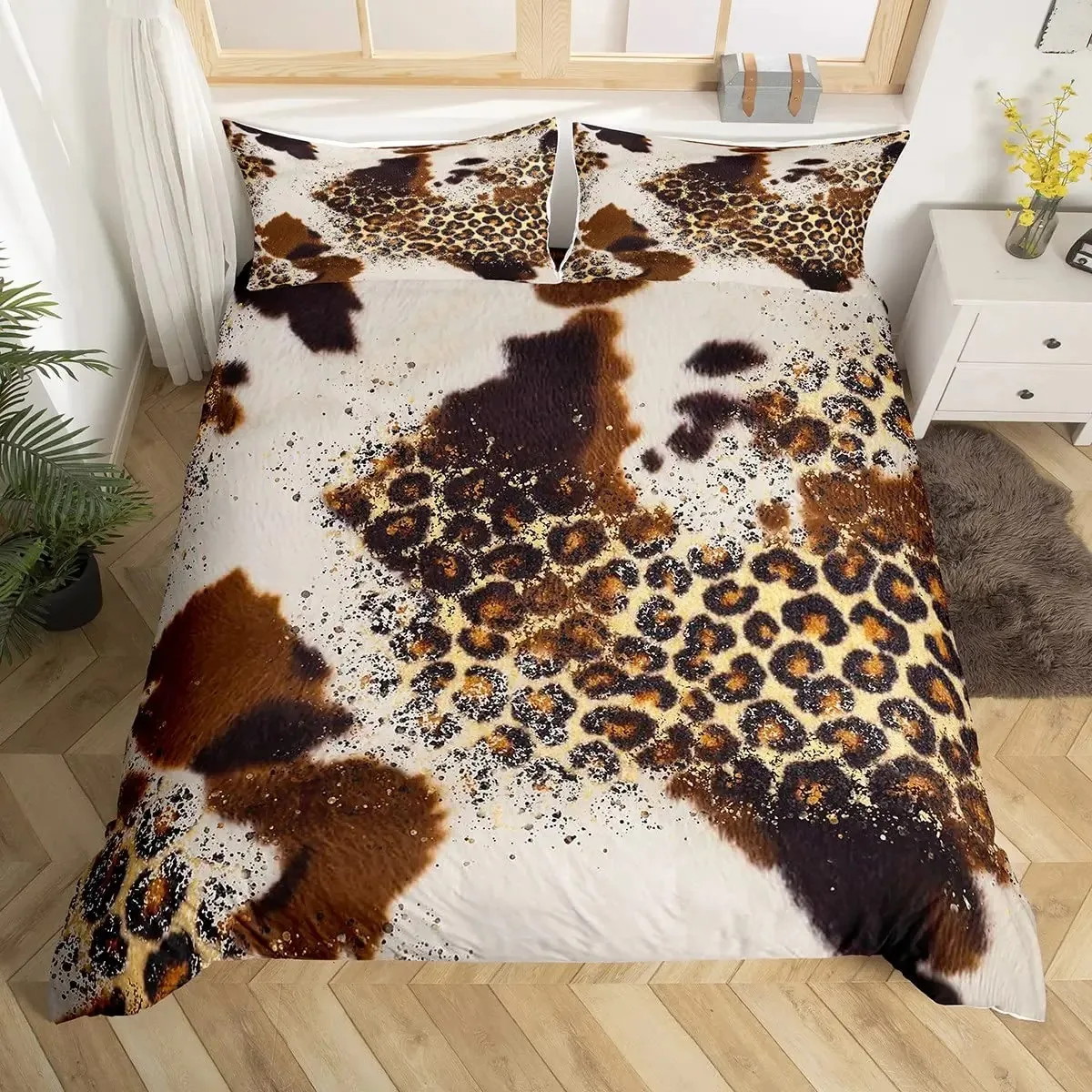 

Cowhide Duvet Cover Set,Brown Cow Leopard Print,Western Rustic Farmhouse Farm Animals Bedding Sets Highland Cow Comforter Cover