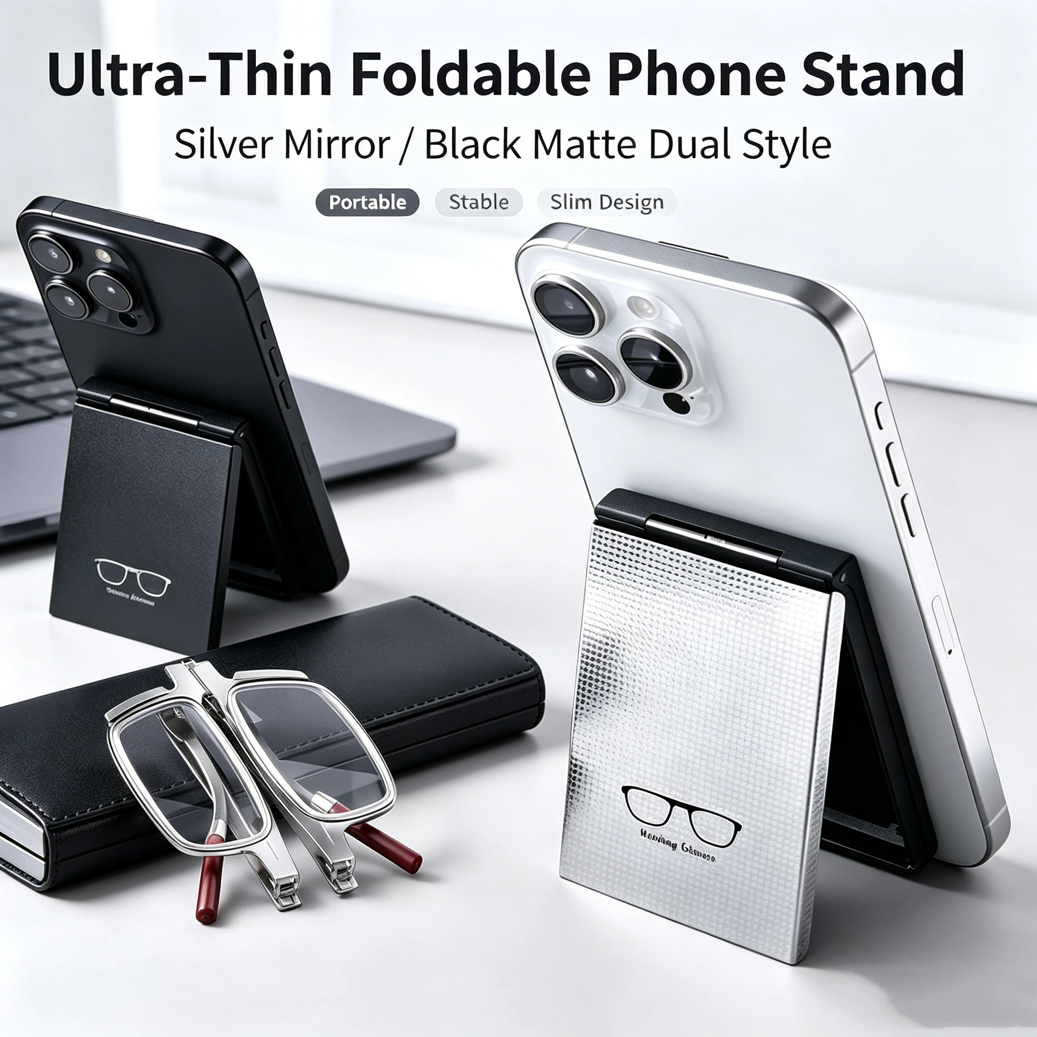 Portable Folding Reading Glasses That Can Be Attached to the Back of a Phone as a Phone Stand, Minimalist Style Stainless Steel