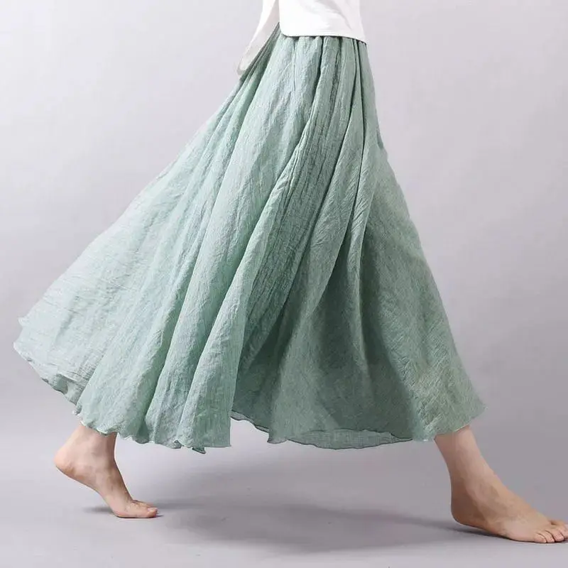 

Women Vintage Casual Cotton Linen Solid Skirts Summer Elegant Loose Elastic Waist Long Skirts