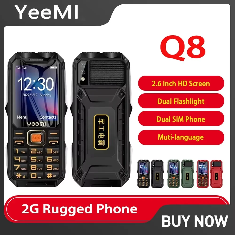 НОВЫЙ YEEMI Q8 GSM 2G Прочный телефон Длительный срок службы батареи Двойной фонарик 2,6-дюймовый HD-экран Телефон с двумя SIM-картами Большая кнопка Смартфон SOS