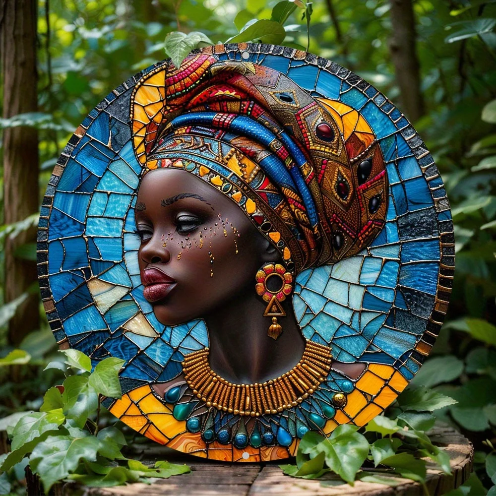 

Chic Round Aluminum Sign with Woman in Earrings Design, Faux Stained Glass Wreath, Perfect for Home and Office Decor