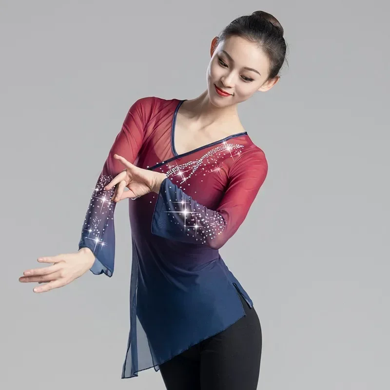 Gradient Long-sleeved Belt Drill Rhyme Training Clothes Tops Classical Dance Dance Clothes Chinese Dance Basic Training Clothes