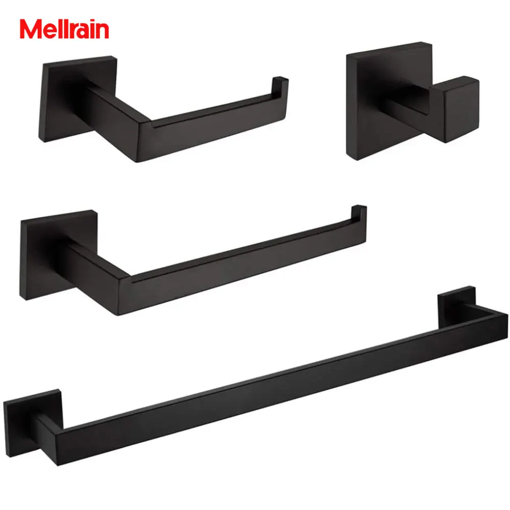 

Black Bathroom Accessory Set Coat Hook Metal Hangers Hooks Paper Roll Holder Towel Bar Shelf Wall Mounted Bathroom Towel Rack
