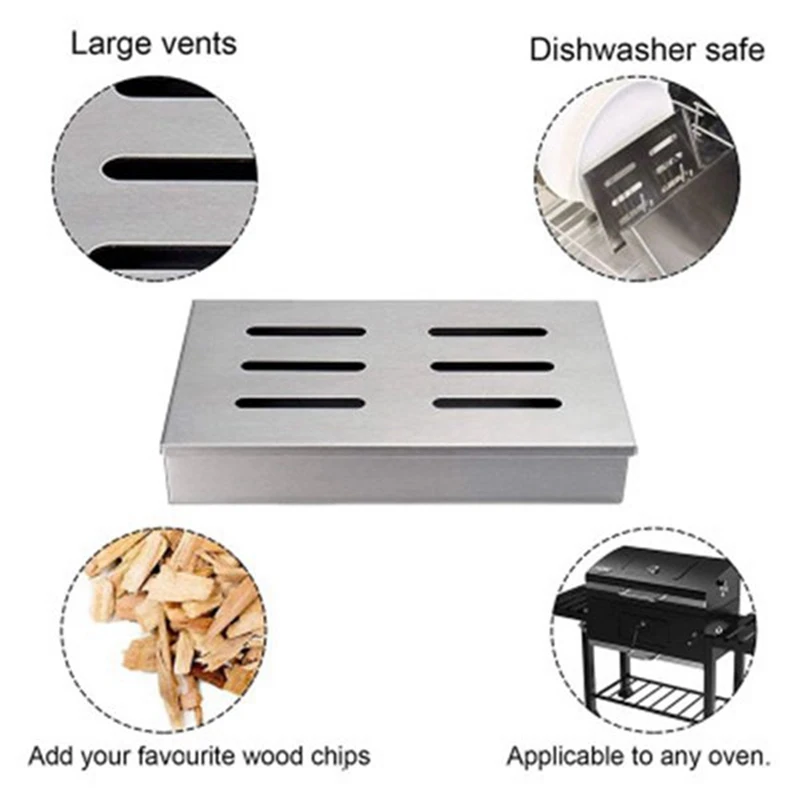 Stainless Steel Barbecue Smoking Box For Sawdust Barbecue Gas Barbecue Grill Or Charcoal Barbecue Accessory With Brush