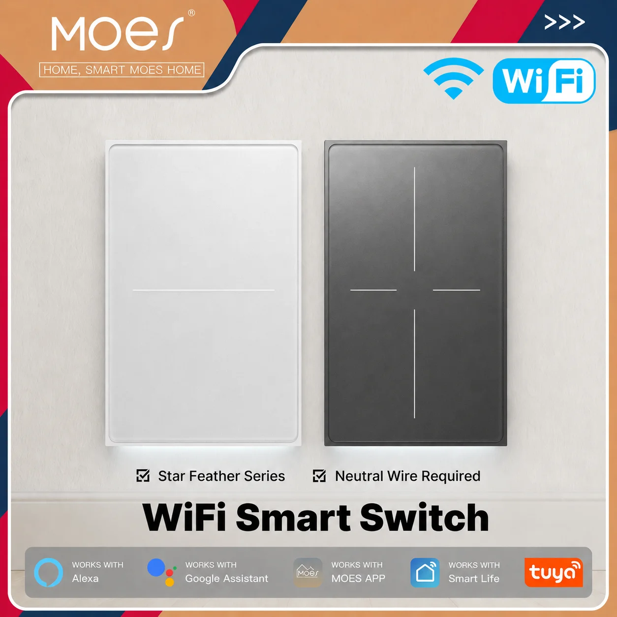 MOES Tuya WiFi Smart Star Feather Switch US Air Touch Lichtschalter 2-in-1 mit Neutralleiter, App-Fernbedienung über Alexa und Google Home