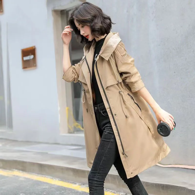 Korean Long Trench Coat Women 2024 Spring Autumn Casual Hooded Drawstring Windbreaker Female Overcoat