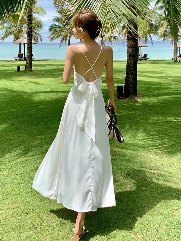 白いスパゲッティストラップサマービーチドレスセクシーな婦人服ミルクシルク素材中国生産ノーブランド登録なし