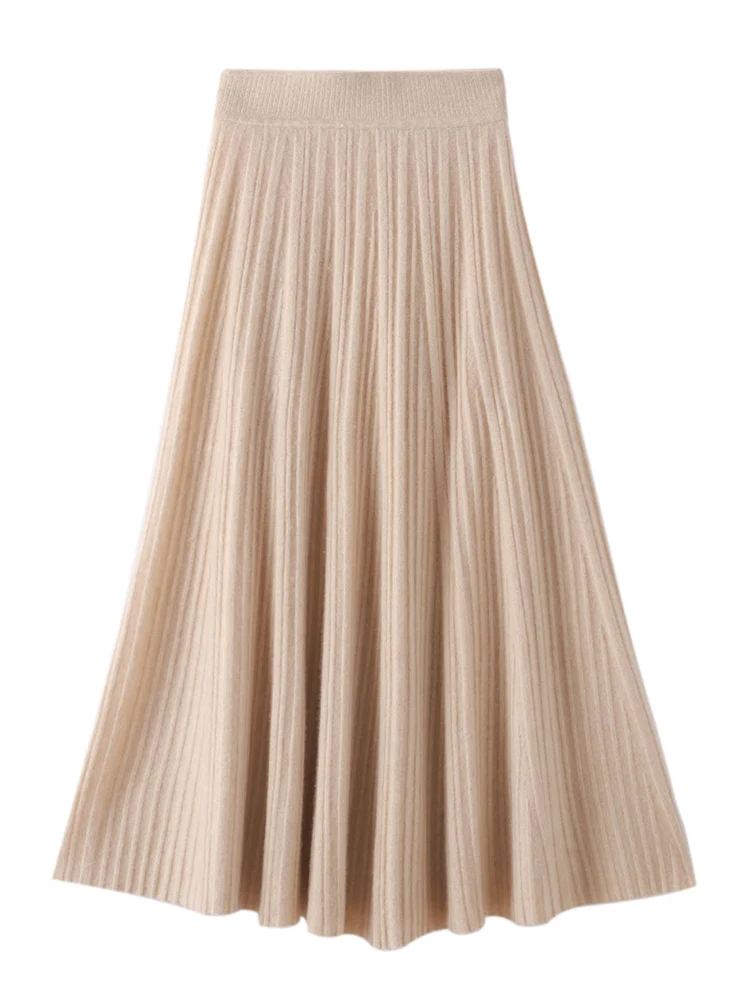 CHICUU Luxury Women 100% Cashmere Skirt Pleated Mid-Calf Skirt Spring Autumn Office Lady Grace Style Skirt Cashmere Knitwear