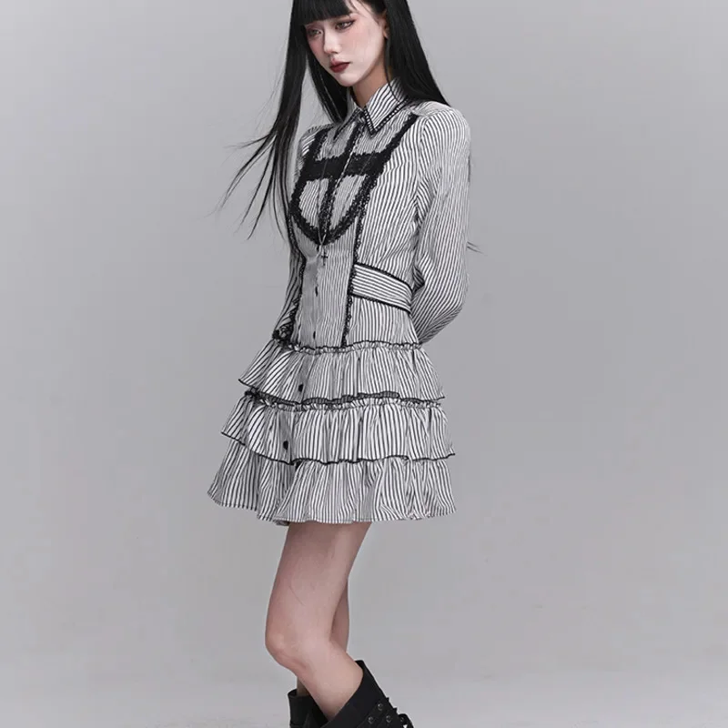 Fashion Gothic Y2K Ghost Dresses Gothic Striped Shirt Dress Long Sleeves Halloween Outfit Kawaii Lolita A-line Dress Girls New