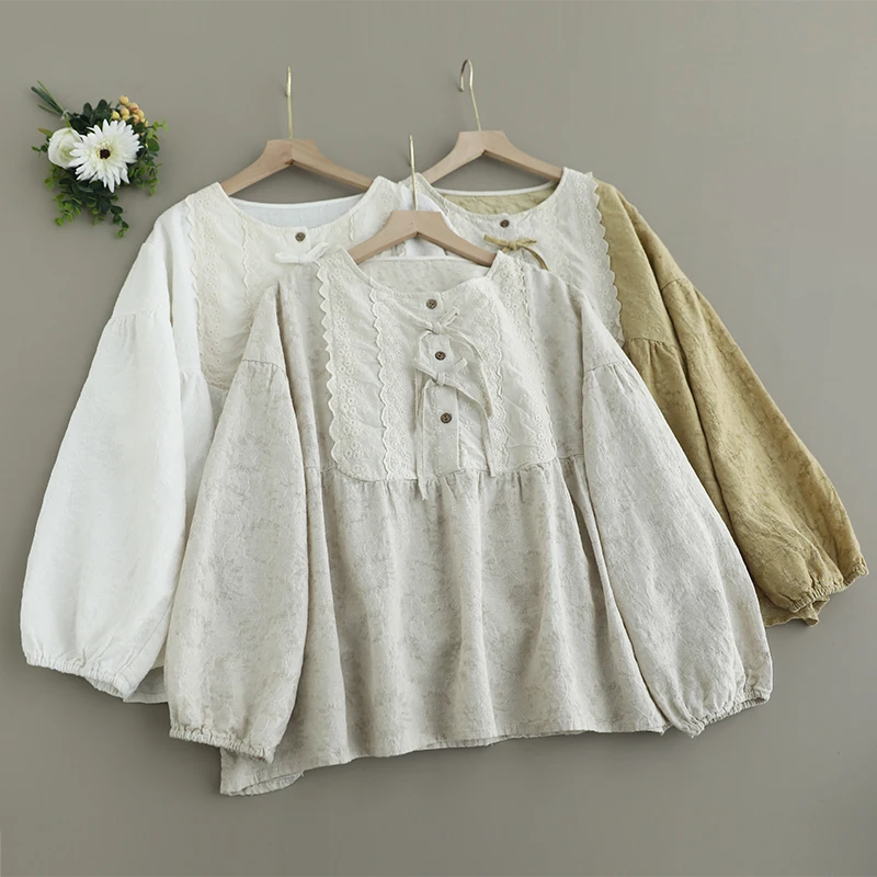 

Spring New Japanese Vintage Mori Girl Floral Printed Lace Patchwork Shirts Women Half Open Collar Bow Long Sleeve Casual Blouse