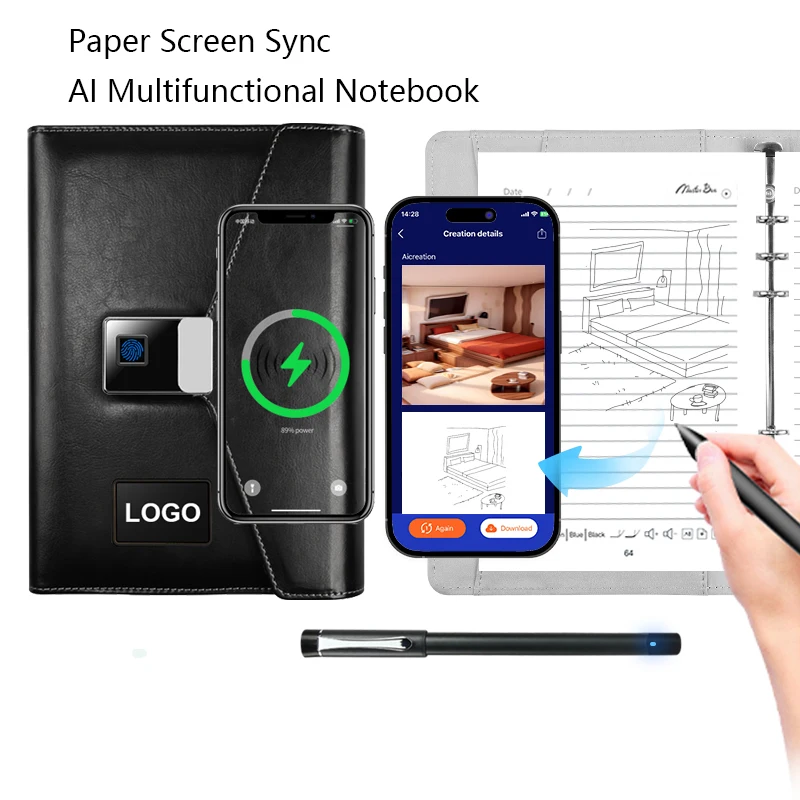 Wireless charging smart notebook fingerprint lock u disk encrypted diary AI painting office meeting study gift custom do LOGO