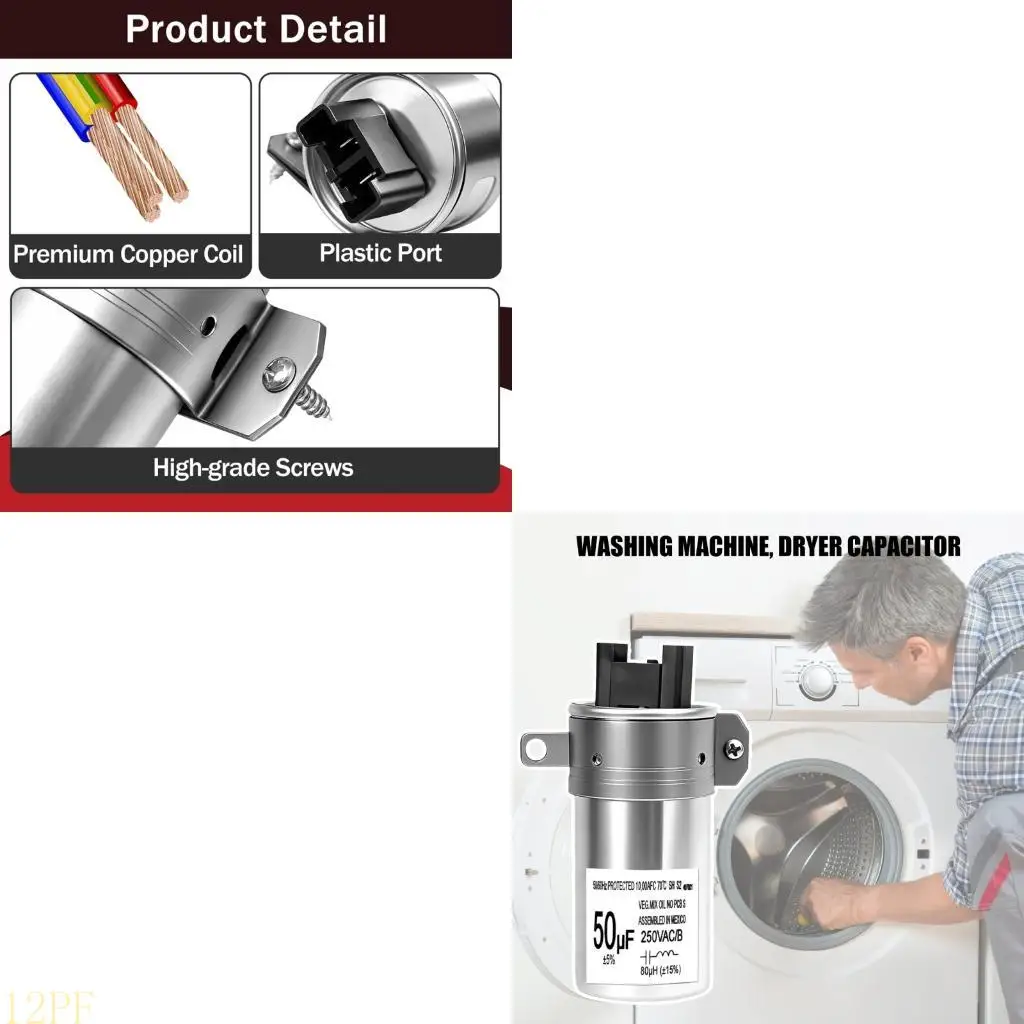 12PF W11395618 Washer Dryer Capacitor 50µF 250V Replacement for 4931353 PS12731163