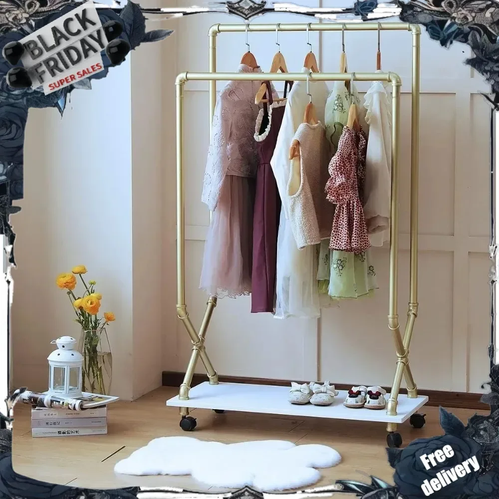 

Kids Garment Rack Armoire Dress-up Closet, Rolling Pipe Open Clothing Rack with Wood Storage Shelf