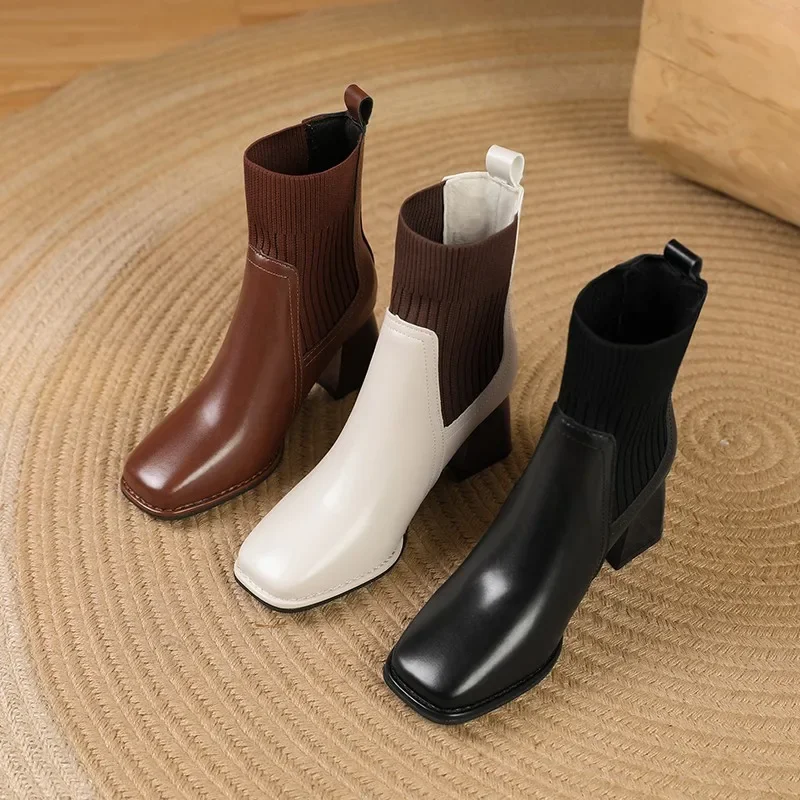 Classic Shoes Woman Leisure Ankle Boots Women Shoes Winter Square Toe Hoof High Heels Solid Brown Leather Retro Modern Boots image 5