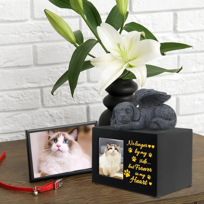 Pet Urns For Dogs Ashes Wooden Cat Ashes Urn With Dog Angel Paw Print Pattern With Photo Frame Pets Funerary Caskets For Loss