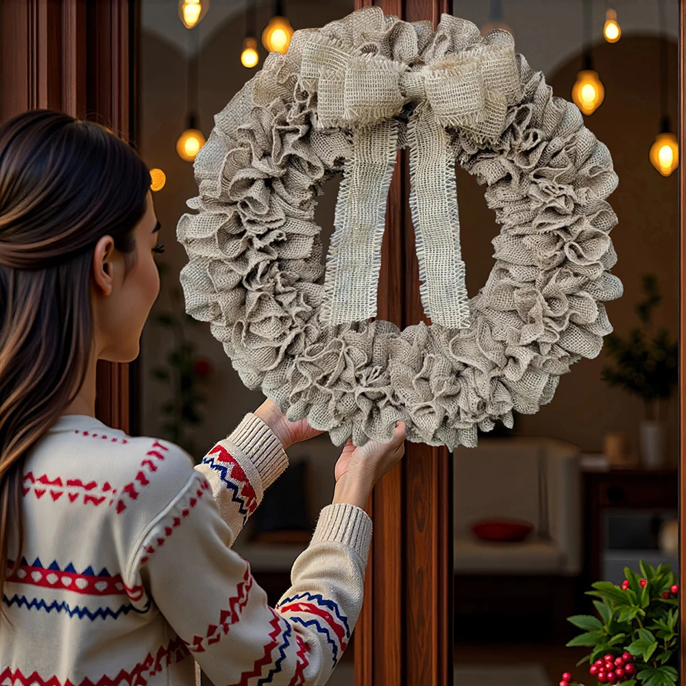Rustic Burlap Wreath for Front Door Decor with Pleated Texture Natural Linen Wreath for Farmhouse Home for interior