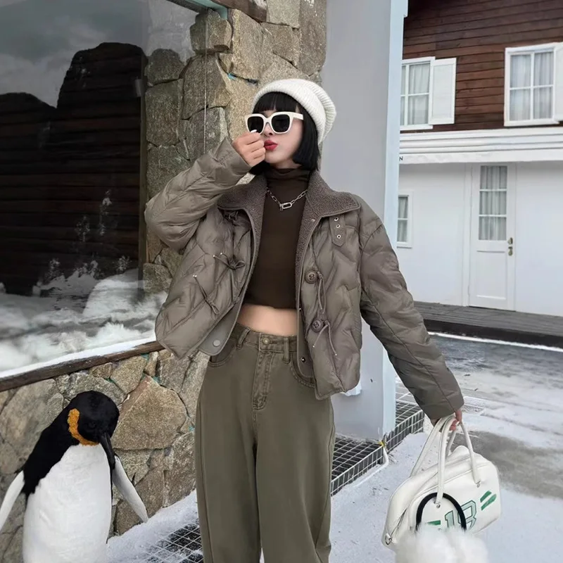 Winter Lamb Wool Lapel Short Down Jacket Female Thicken Warm Loose Jackets Women White Duck Down Single Breasted Parker Outwears