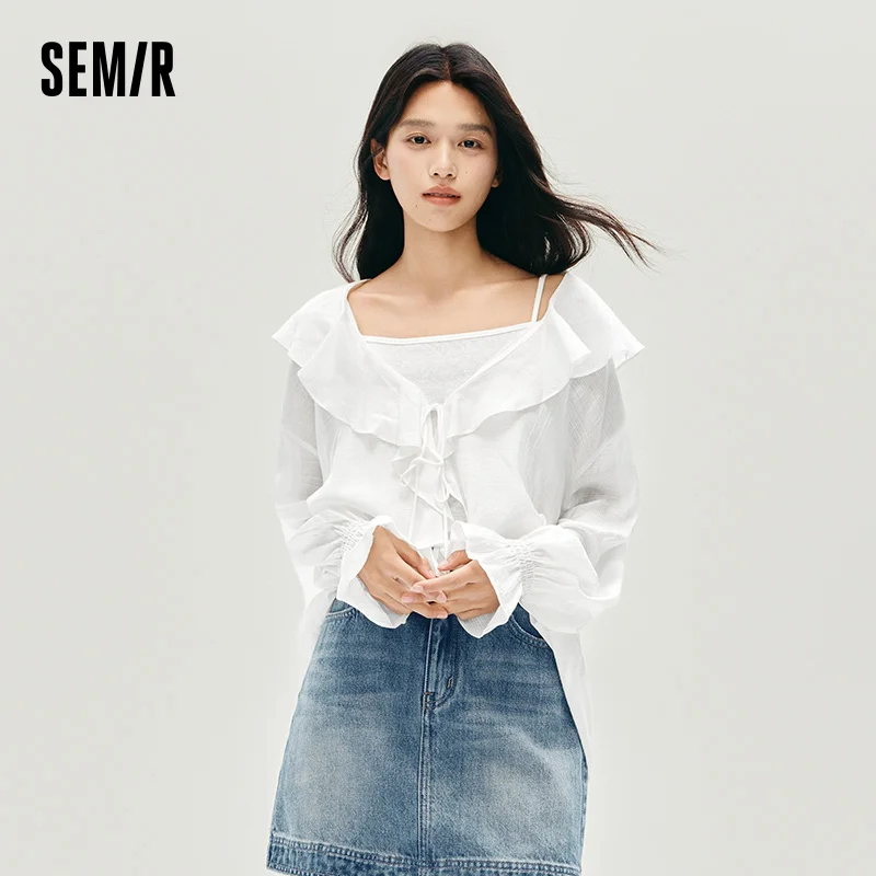 

Semir Long Sleeve Shirt Women Short Camisole Ruffled Loose Textured Blouse 2025 Autumn New White Two-Piece Women'S Wear