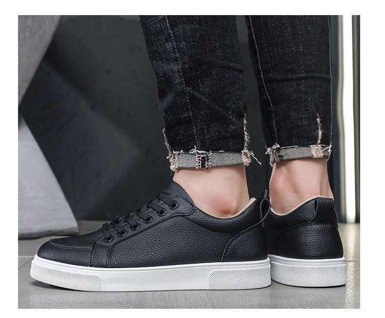 Schlichte weiße Low-Top-Sneaker aus Kunstleder für Herren, Schnürschuhe, minimalistische Skate-Schuhe, Herren-Sneaker aus Kunstleder, rutschfeste Schuhe – Detail 16