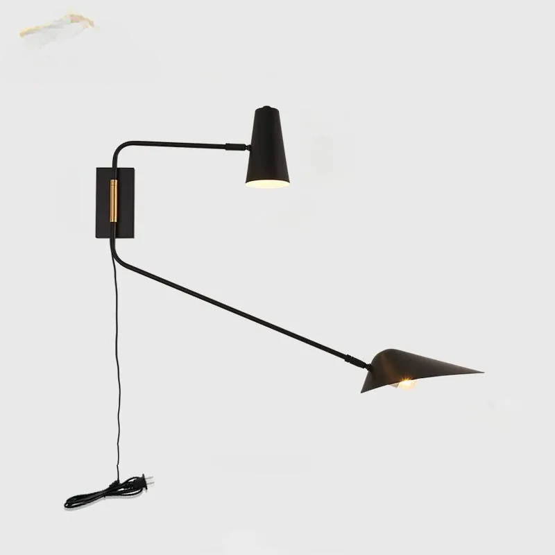 Lámpara de pared Industrial moderna de cobre, negro/blanco/dorado, LED E27, brazo oscilante, poste largo, montado en la pared, doble cabezal, sala de estar, mesita de noche