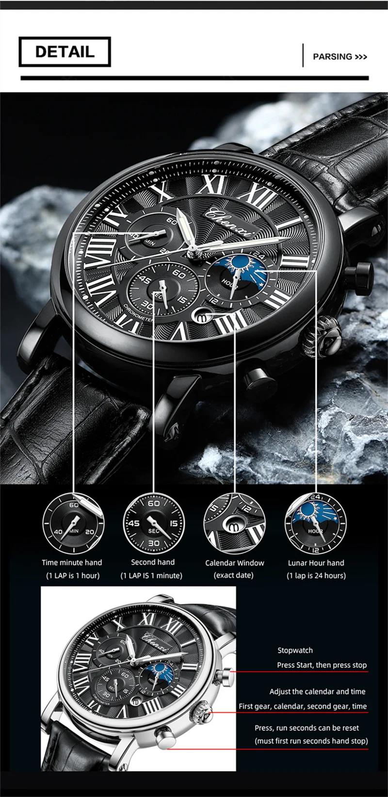 CHENXI 973 Herren-Quarz-Armbanduhr, wasserdicht, leuchtender Chronograph, Multifunktions-Mondphase-Herrenuhren, часы Afrikaans – Detail 12
