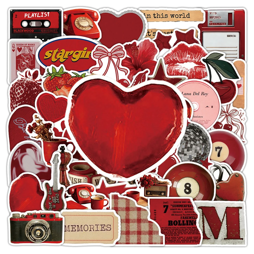 

10/30/52pcs Simple Red Retro Aesthetic Graffiti Stickers Cute Y2K Girl Decals Decoration DIY Skateboard Phone Helmet Sticker Toy