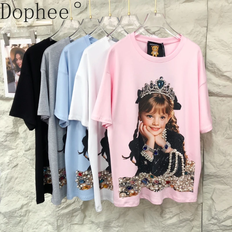 

American Street Spring Summer Women T-shirt Character Printing Beads Pearls O-neck Pullover Top Mid-long Casual Short Sleeve Tee