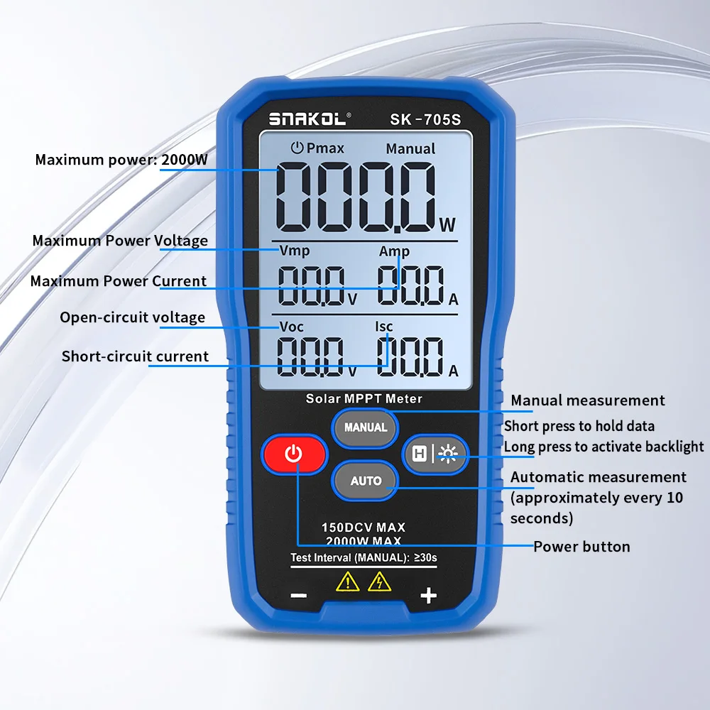 SNAKOL Solar MPPT Tester 1000W/2000W/2200W PV Panel Multimeter 80V/150V VOC ISC Power Meter for Home Outdoor Photovoltaic System view 4