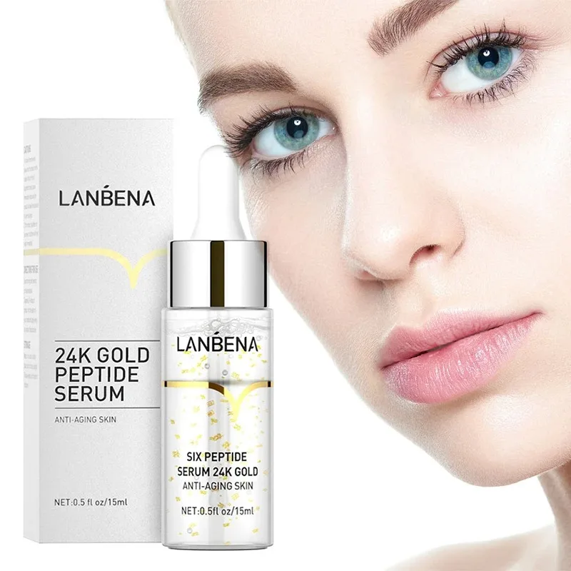 LANBENA-esencia facial de seis péptidos de oro de 24k, suero de línea fina antiarrugas, encoge los poros, blanquea, hidrata, ácido hialurónico