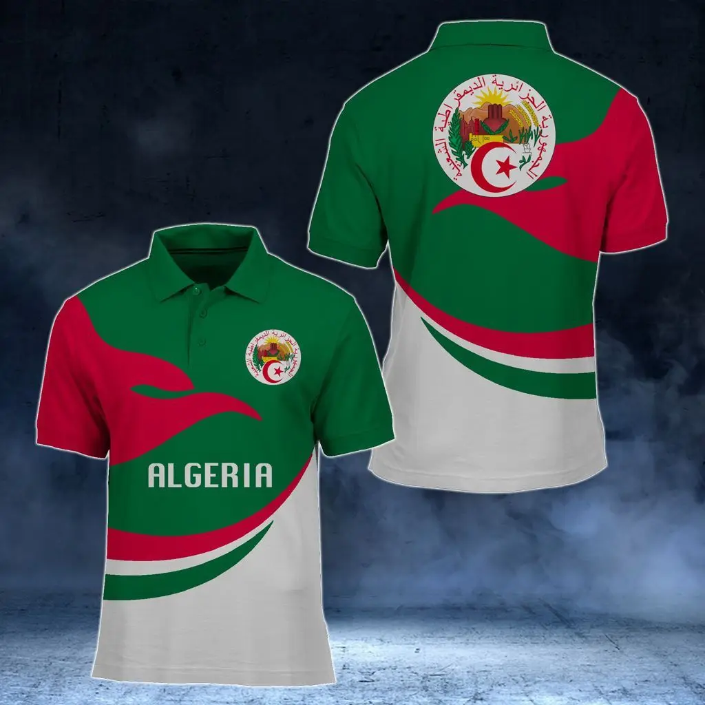 Algeria Flag & Coat of Arms Custom Name Polo Shirts Summer Casual Streetwear Men\'s Fashion Loose Jersey Plus Size Sportswear