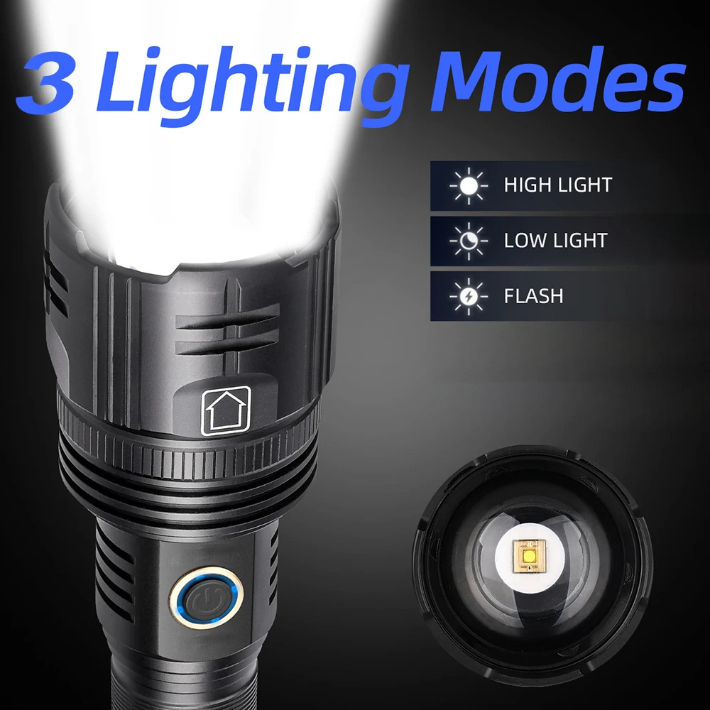 10000MAh LED Most Powerful Flashlight USB Recharge Flash Light LED Flashlight Zoom Tactical Lantern Long Shot 26650 Torch